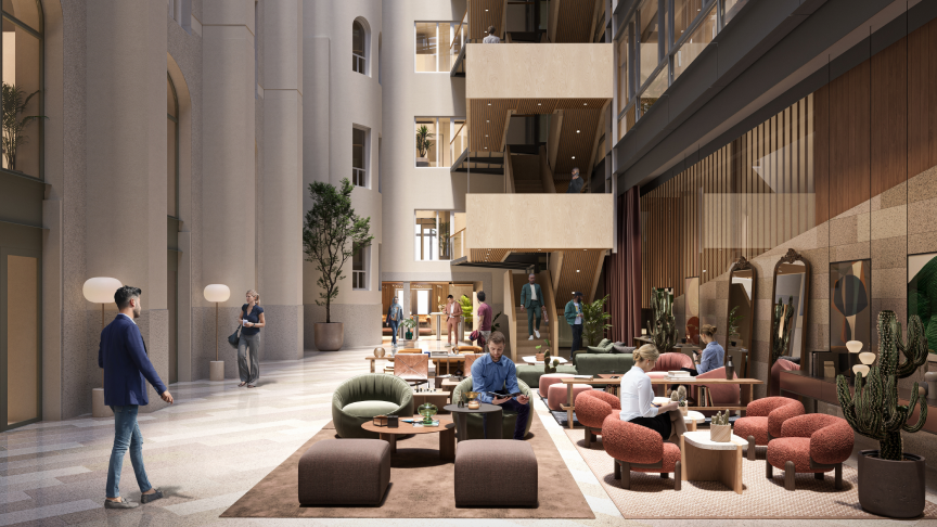 A CGI image of the interior of a modern workplace in Stockholm