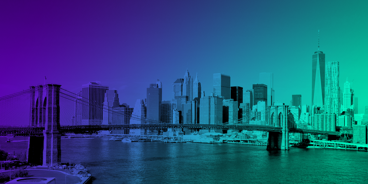 an image of the new york skyline with a purple and green gradient