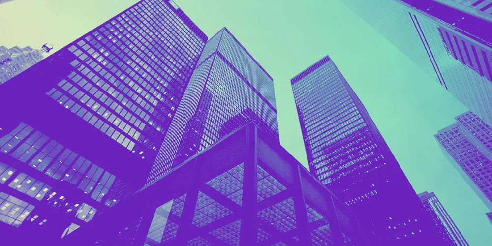 Building cityscape with purple and green colour tone