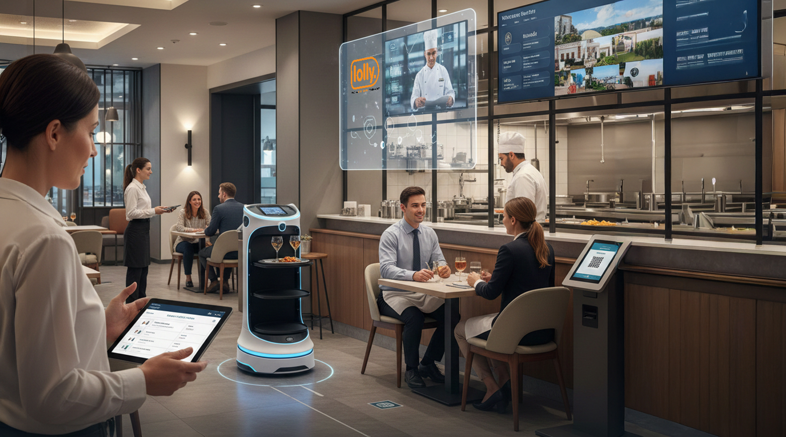 An image of the robot Lolly Nova serving drinks in a bar