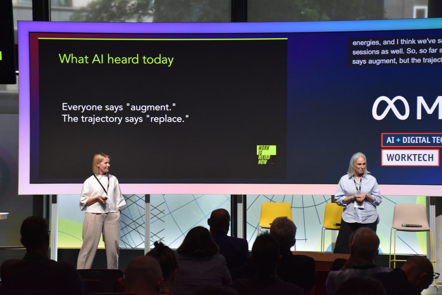 The hosts of the Work is Weird Now podcast on stage at WORKTECH AI + Digital Technologies
