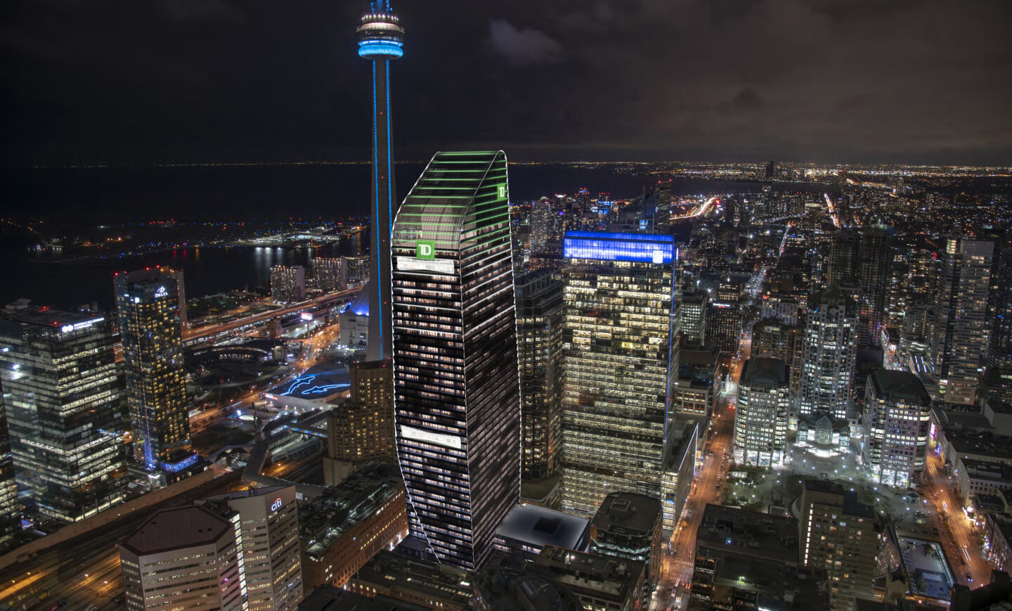 Exterior view of TD Terrace, night time skyline